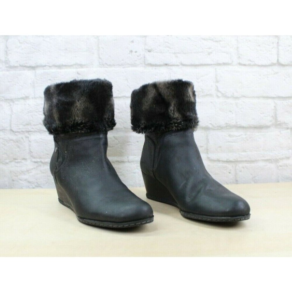 Franco Sarto Anorak Black Leather Faux Fur Back Zip Winter Wedge Boots Size 9 M - Picture 3 of 9